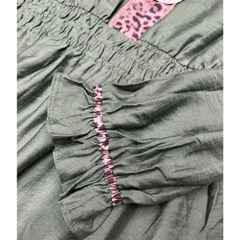 Umgee Olive Leopard Trim Midi Dress Smocked Waist Lined NWT Plus 2X - Picture 6 of 8
